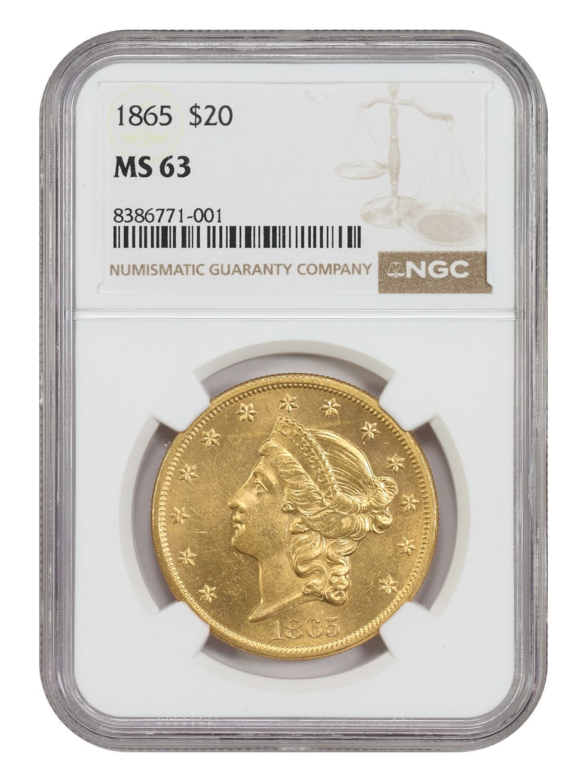 Liberty Head $20 - 1865 $20 NGC MS63: Liberty Head $20 - 1865 $20 NGC MS63 This listing features Liberty Head $20 - 1865 $20 NGC MS63. Item specifics are provided below. Item Specifics: Certification: NGC Certification Number: 8386771001