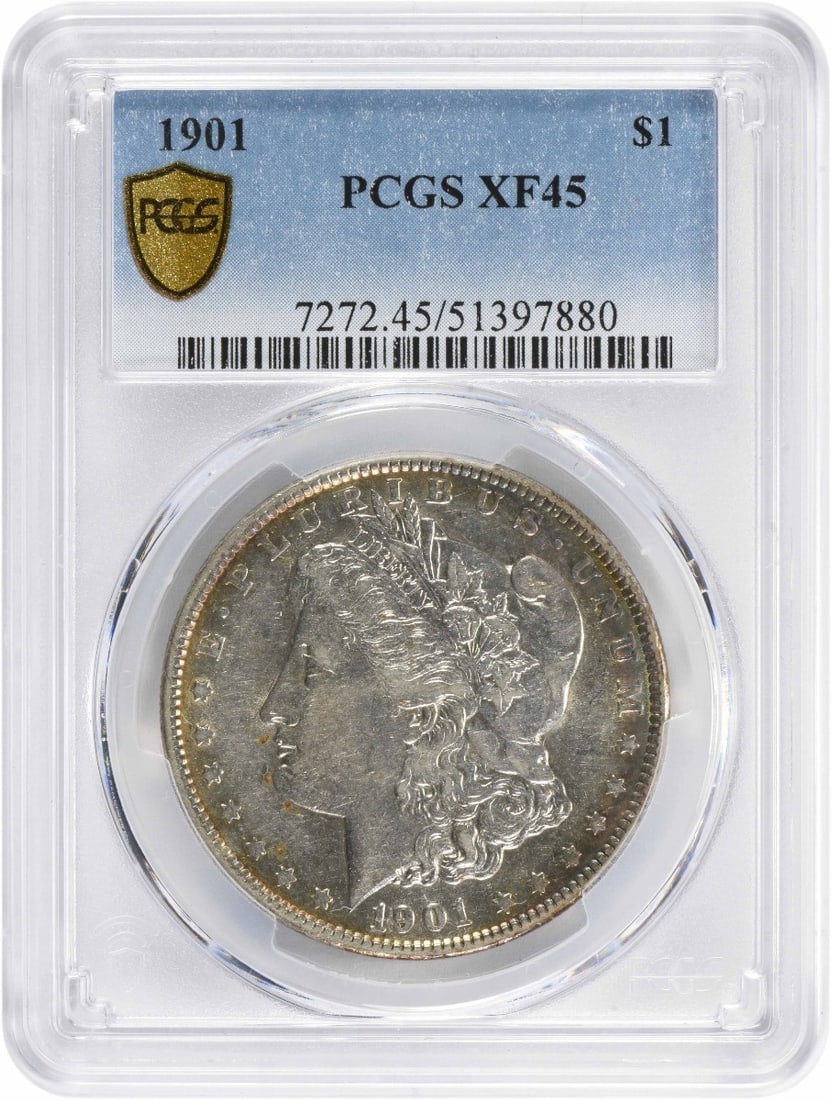 PCGS 1901 Morgan Silver Dollar EF45: PCGS 1901 Morgan Silver Dollar EF45 This listing features PCGS 1901 Morgan Silver Dollar EF45. Item specifics are provided below. Item Specifics: Country Of Origin: United States Certification: PCGS C
