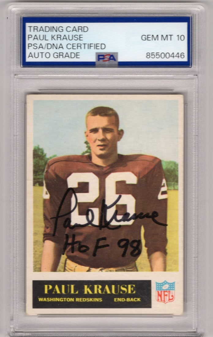 10 Paul Krause Topps #117 Autographed Card PSA Auto Grade GEM MT (1 of 2)