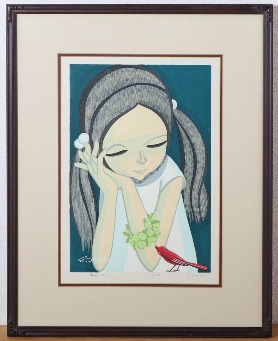 Vintage Shuzo Ikeda Red Little Bird Woodblock Print 1979 Pencil Signed ED Framed (1 of 8)
