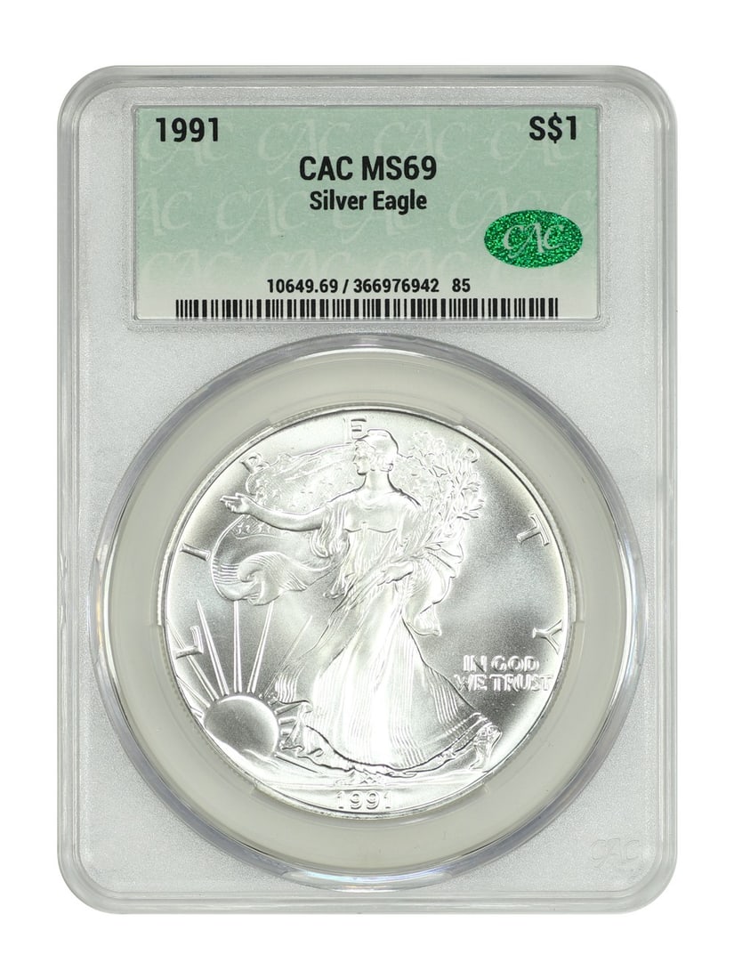 Silver Eagles - 1991 $1 Silver Eagle CACG MS69: Silver Eagles - 1991 $1 Silver Eagle CACG MS69 This listing features Silver Eagles - 1991 $1 Silver Eagle CACG MS69. Item specifics are provided below. Item Specifics: Certification: CACG Certificatio