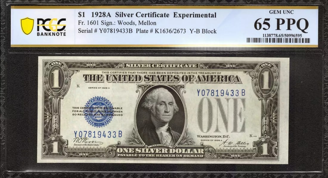 (433B 1928 A $1 EXPERIMENTAL SILVER CERTIFICATE FR.1601 YB BLOCK PCGS UNC 65 PPQ (1 of 2)