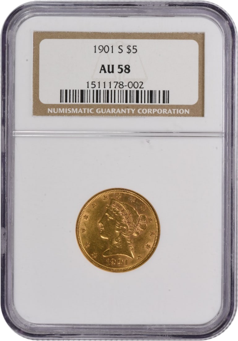 NGC 1901-S $5 Gold Liberty Head AU58: NGC 1901-S $5 Gold Liberty Head AU58 This listing features NGC 1901-S $5 Gold Liberty Head AU58. Item specifics are provided below. Item Specifics: Country Of Origin: United States Certification: NGC