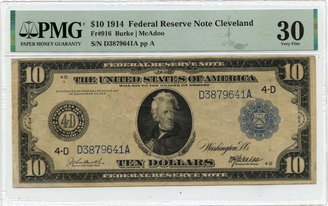 VF30 1914 $10 Federal Reserve Note Cleveland FR#916 PMG (1 of 1)