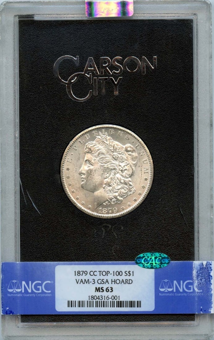 CAC 1879-CC TOP-100 Morgan Dollar VAM-3 GSA HOARD S$1 NGC MS63: CAC 1879-CC TOP-100 Morgan Dollar VAM-3 GSA HOARD S$1 NGC MS63 This listing features CAC 1879-CC TOP-100 Morgan Dollar VAM-3 GSA HOARD S$1 NGC MS63. Item specifics are provided below. Item Specifics: