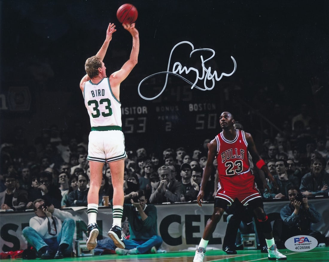 200133 Larry Bird HOF Signed/ Autographed 8x10 Photo w/ Jordan Celtics PSA/ DNA (1 of 3)