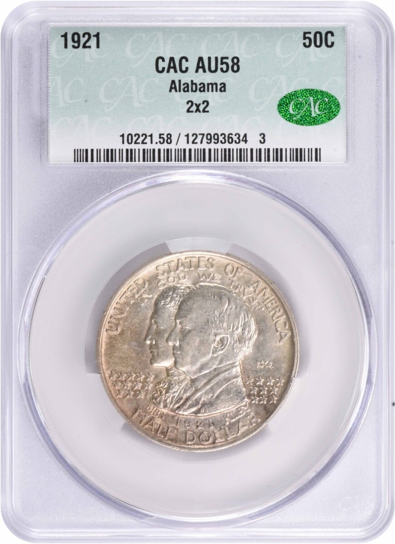 CACG Alabama 2x2 Commemorative Silver Half Dollar 1921 AU58: CACG Alabama 2x2 Commemorative Silver Half Dollar 1921 AU58 This listing features CACG Alabama 2x2 Commemorative Silver Half Dollar 1921 AU58. Item specifics are provided below. Item Specifics: Countr
