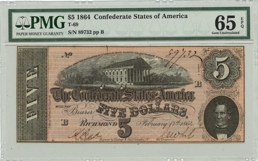EPQ 1864 $5 Confederate States of America T-69 CSA PMG GEM 65 (1 of 1)