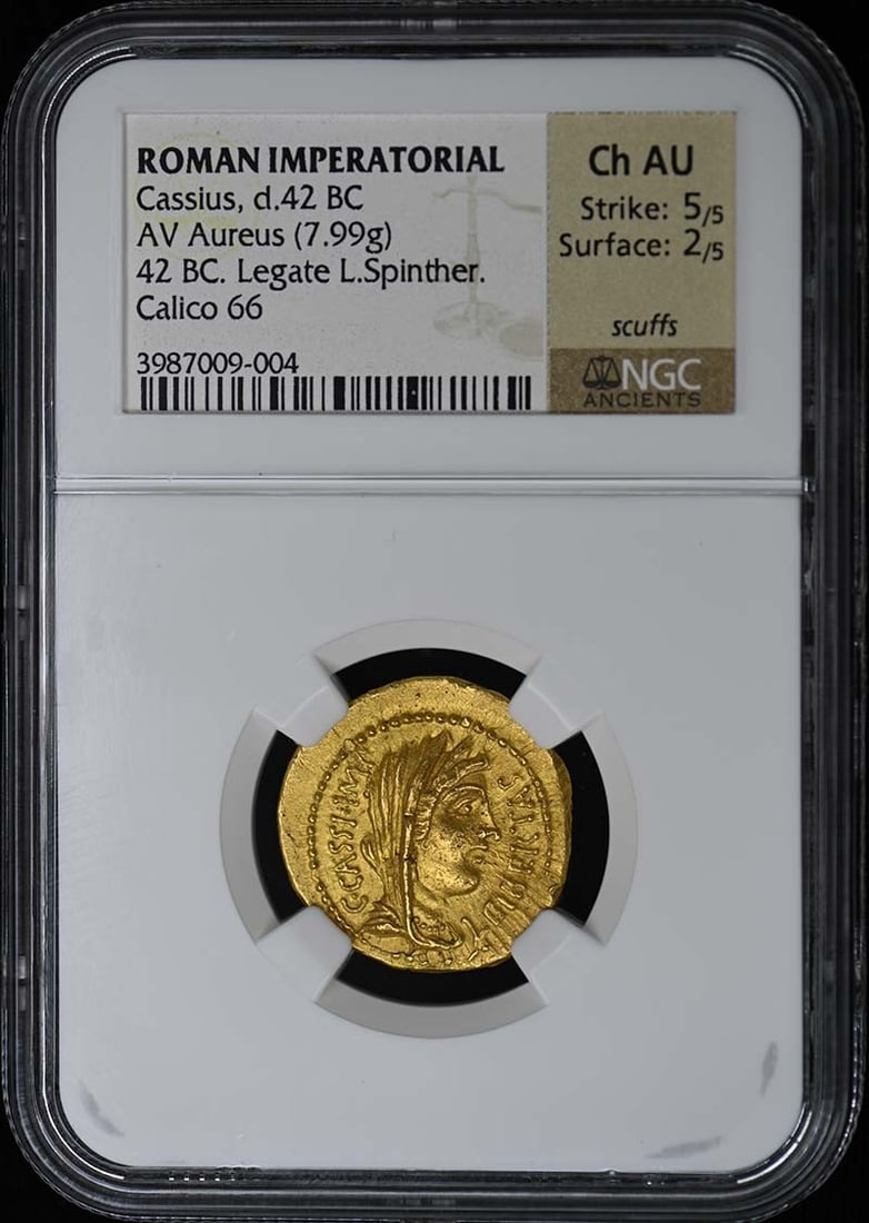 5 Cassius d.42 BC ROMAN IMPERATORIAL Aureus NGC Ch AU Strike: 5/ 5 Surface: 2/: 5 Cassius d.42 BC ROMAN IMPERATORIAL Aureus NGC Ch AU Strike: 5/ 5 Surface: 2/ This listing features 5 Cassius d.42 BC ROMAN IMPERATORIAL Aureus NGC Ch AU Strike: 5/ 5 Surface: 2/. Item specifics are