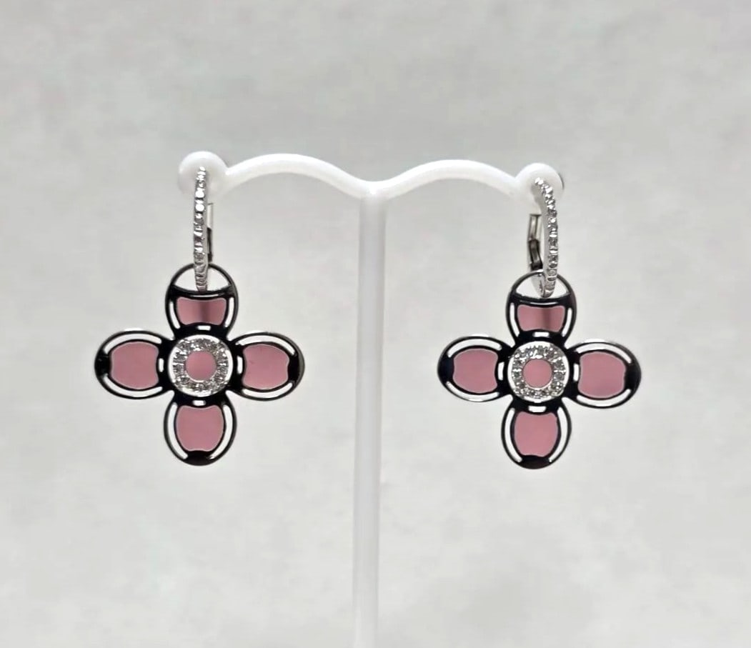 Earrings Roberto Coin Pink Enamel Diamond 18k White Gold Flower Dangle Drop: Earrings Roberto Coin Pink Enamel Diamond 18k White Gold Flower Dangle Drop This listing features Earrings Roberto Coin Pink Enamel Diamond 18k White Gold Flower Dangle Drop. Item specifics are provid