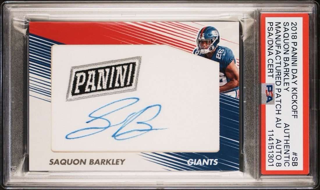 8 2018 PANINI DAY KICKOFF SAQUON BARKLEY #SB ROOKIE PANINI PATCH AUTO PSA AUTO (1 of 3)