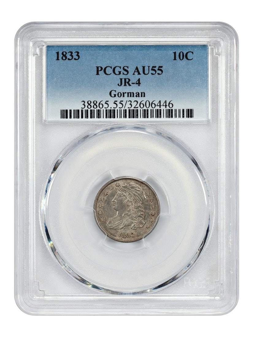 Capped Bust Dime - 1833 10C PCGS AU55 (JR-4) ex: Gorman: Capped Bust Dime - 1833 10C PCGS AU55 (JR-4) ex: Gorman This listing features Capped Bust Dime - 1833 10C PCGS AU55 (JR-4) ex: Gorman. Item specifics are provided below. Item Specifics: Certification: