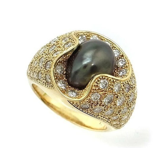 Ring Mikimoto Vintage Green Black Baroque Pearl Diamond 1.40ct 18k Yellow Gold (1 of 8)