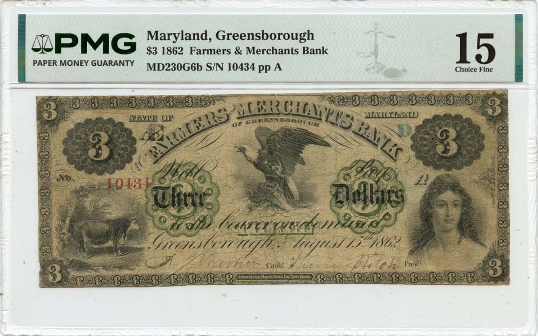 Maryland Obsolete Note Farmers & Merchants Bank PMG F15 - 1862 $3 Greensborough (1 of 1)