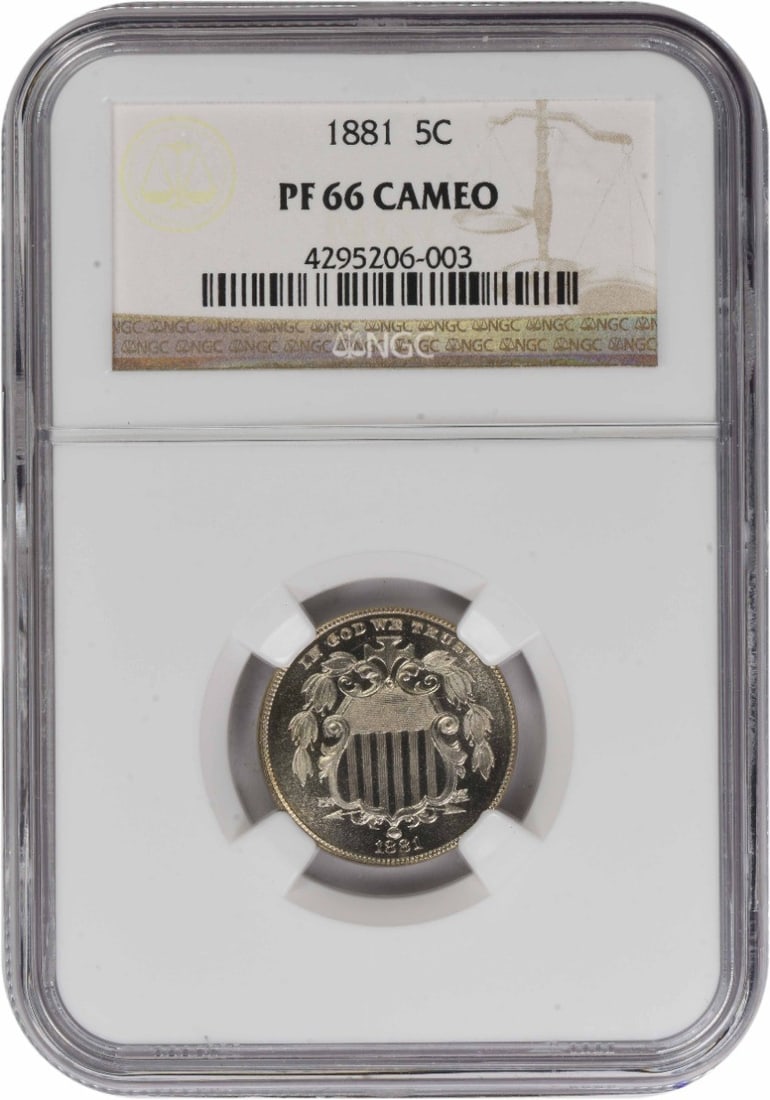 NGC 1881 Shield Nickel PRF66 CAM: NGC 1881 Shield Nickel PRF66 CAM This listing features NGC 1881 Shield Nickel PRF66 CAM. Item specifics are provided below. Item Specifics: Certification: NGC Circulated/Uncirculated: Uncirculated