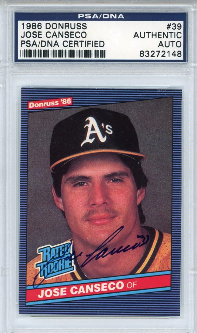 (PSA) Jose Canseco Autographed 1986 Donruss Rookie Card #39: (PSA) Jose Canseco Autographed 1986 Donruss Rookie Card #39 This listing features (PSA) Jose Canseco Autographed 1986 Donruss Rookie Card #39. Item specifics are provided below. Item Specifics: Brand: