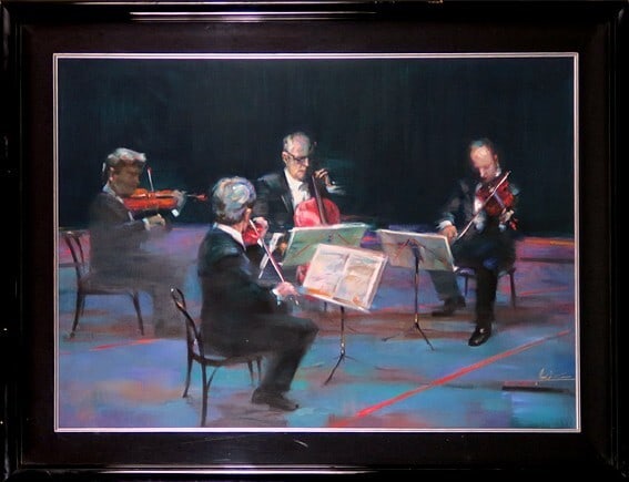 Framed Jin G Kam (Chinese) String quartet Original Oil Painting on Canvas Signed (1 of 2)