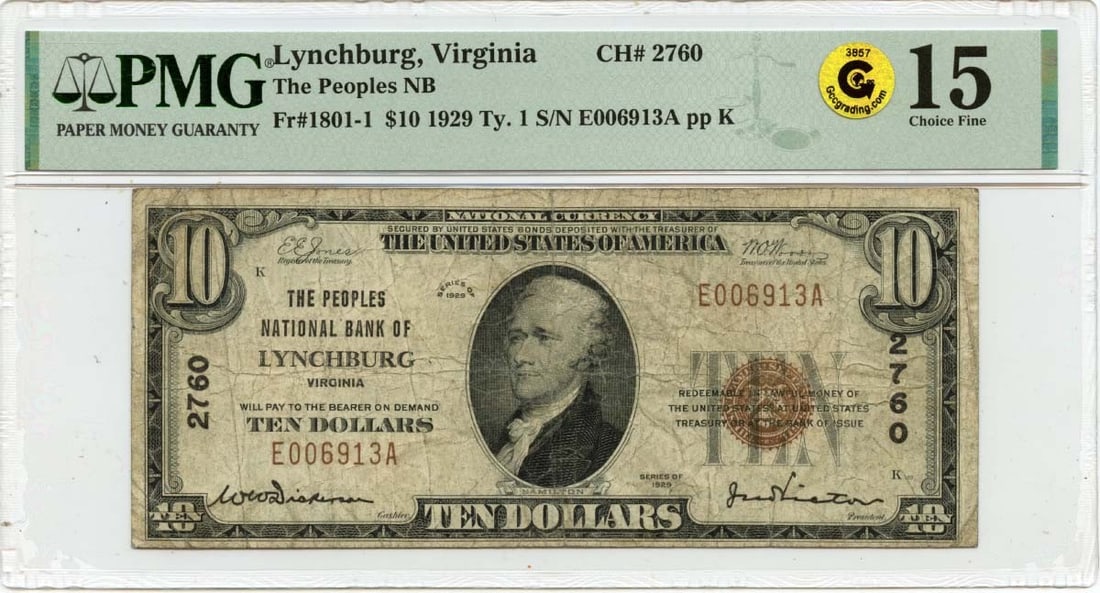 Gold 1929 Ty1$10 Peoples NB Lynchburg VA CH#2760 PMG F15 GCC: Gold 1929 Ty1$10 Peoples NB Lynchburg VA CH#2760 PMG F15 GCC This listing features Gold 1929 Ty1$10 Peoples NB Lynchburg VA CH#2760 PMG F15 GCC. Item specifics are provided below. Item Specifics: