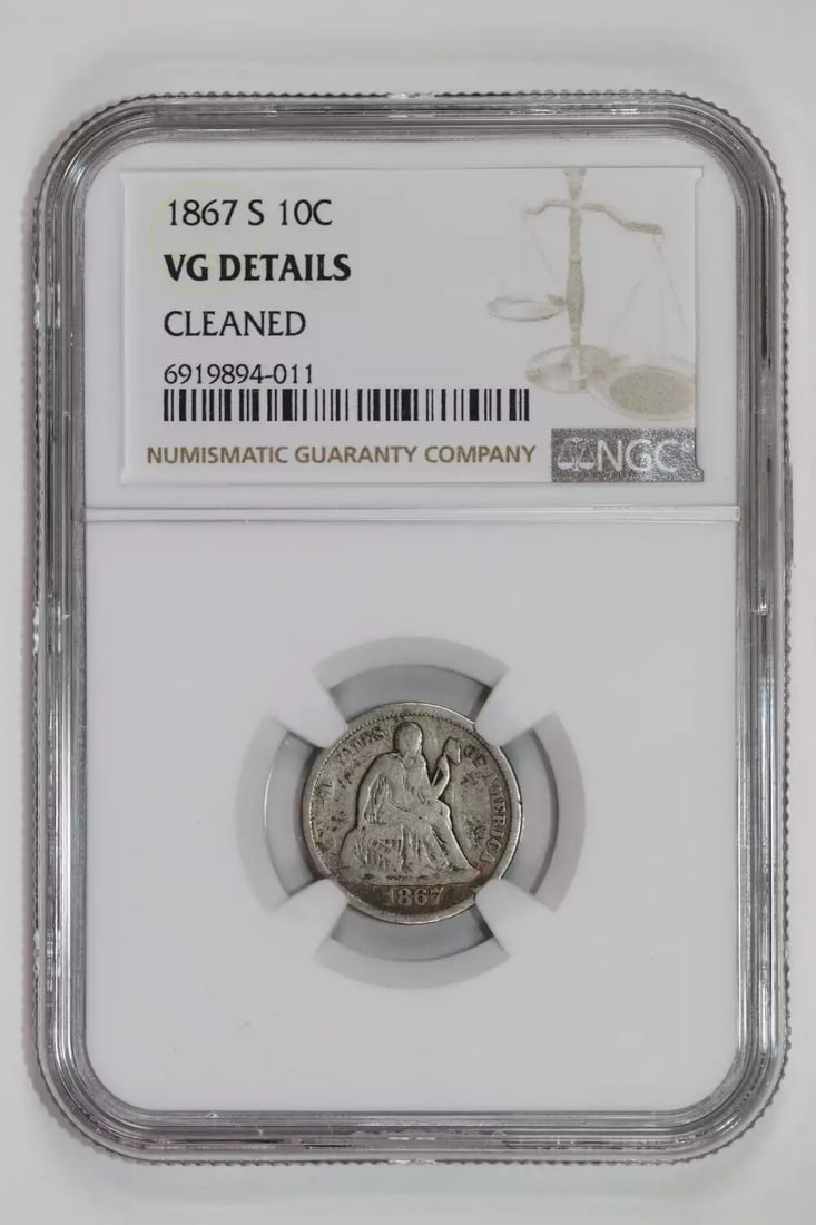 DETAILS 1867-S SEATED LIBERTY DIME NGC VG: DETAILS 1867-S SEATED LIBERTY DIME NGC VG This listing features DETAILS 1867-S SEATED LIBERTY DIME NGC VG. Item specifics are provided below. Item Specifics: Country Of Origin: USA Certification: