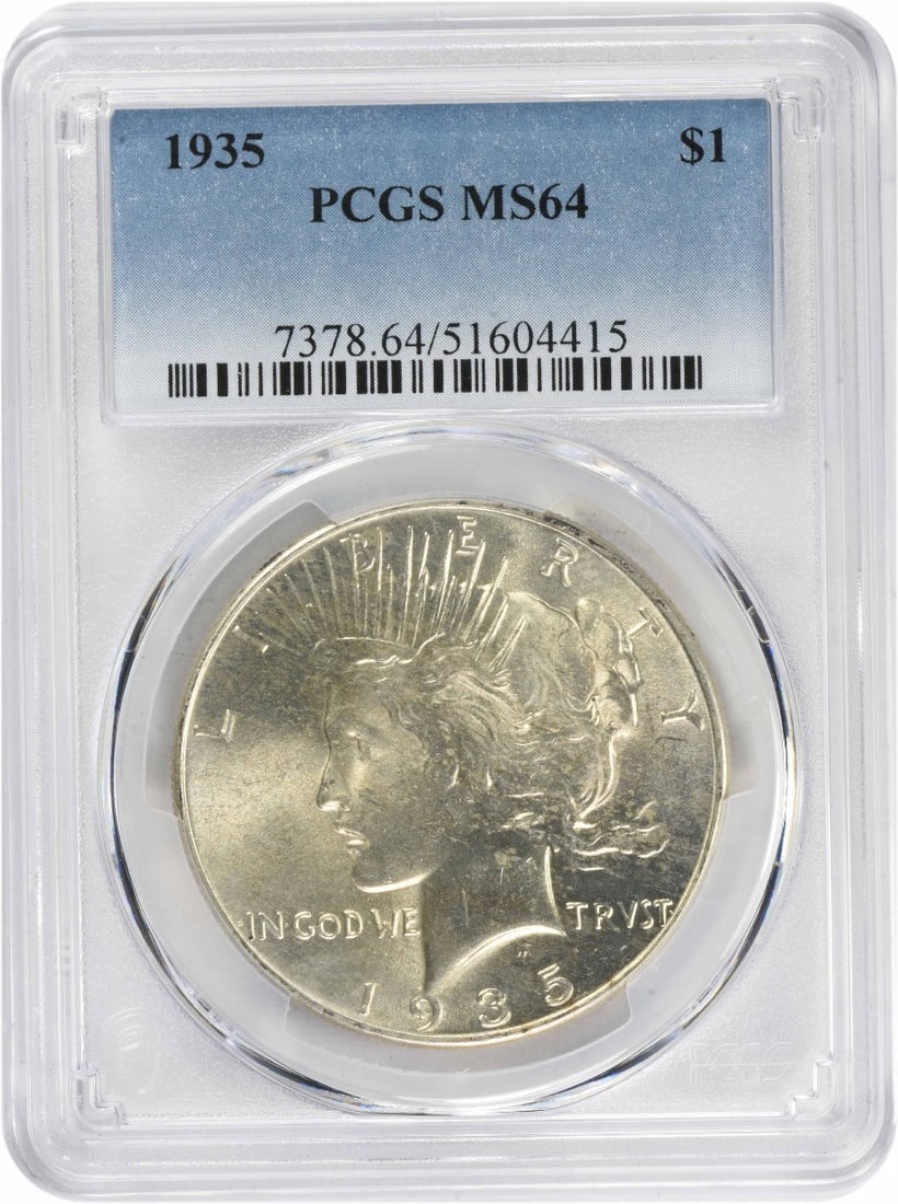 PCGS 1935 Peace Silver Dollar MS64: PCGS 1935 Peace Silver Dollar MS64 This listing features PCGS 1935 Peace Silver Dollar MS64. Item specifics are provided below. Item Specifics: Country Of Origin: United States Certification: PCGS Cir