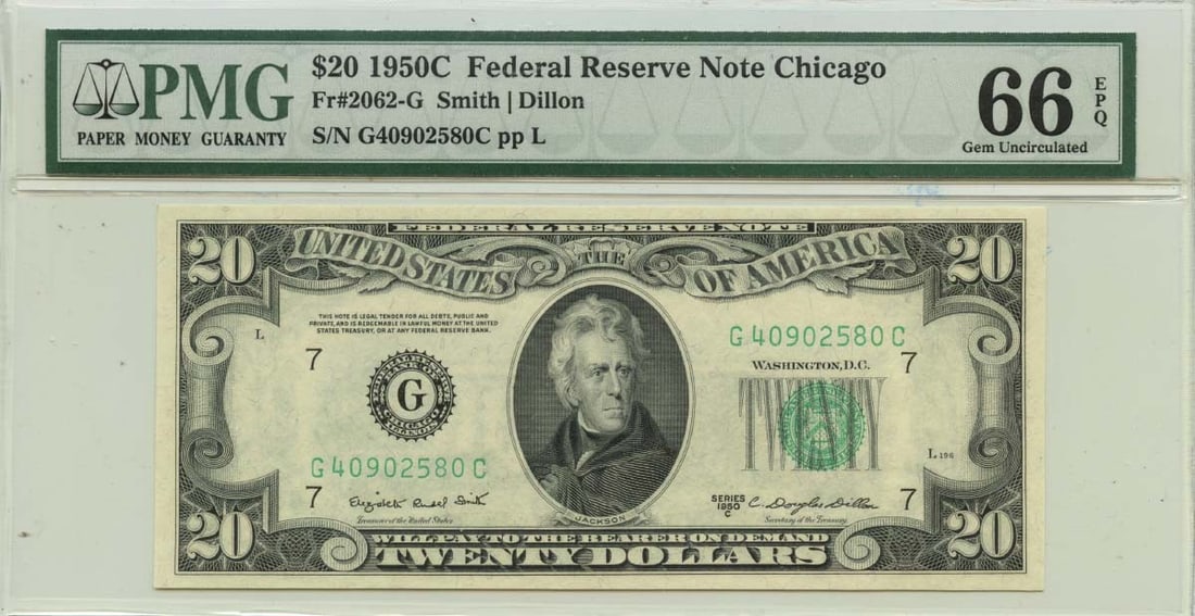 EPQ 1950C $20 Federal Reserve Note Chicago Fr# 2062-G PMG Gem66 (1 of 1)