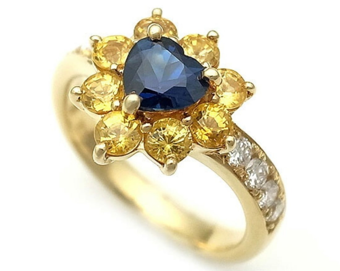 Ring Monnickendam Heart Blue Sapphire Yellow Sapphire Diamond 18k Gold Flower (1 of 4)