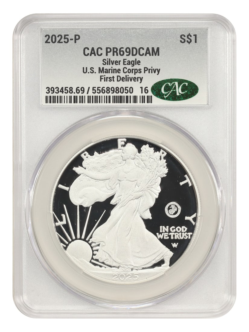 First Delivery) - 2025-P $1 Silver Eagle CACG PR69DCAM (Marine Corps Privy: First Delivery) - 2025-P $1 Silver Eagle CACG PR69DCAM (Marine Corps Privy This listing features First Delivery) - 2025-P $1 Silver Eagle CACG PR69DCAM (Marine Corps Privy. Item specifics are provided