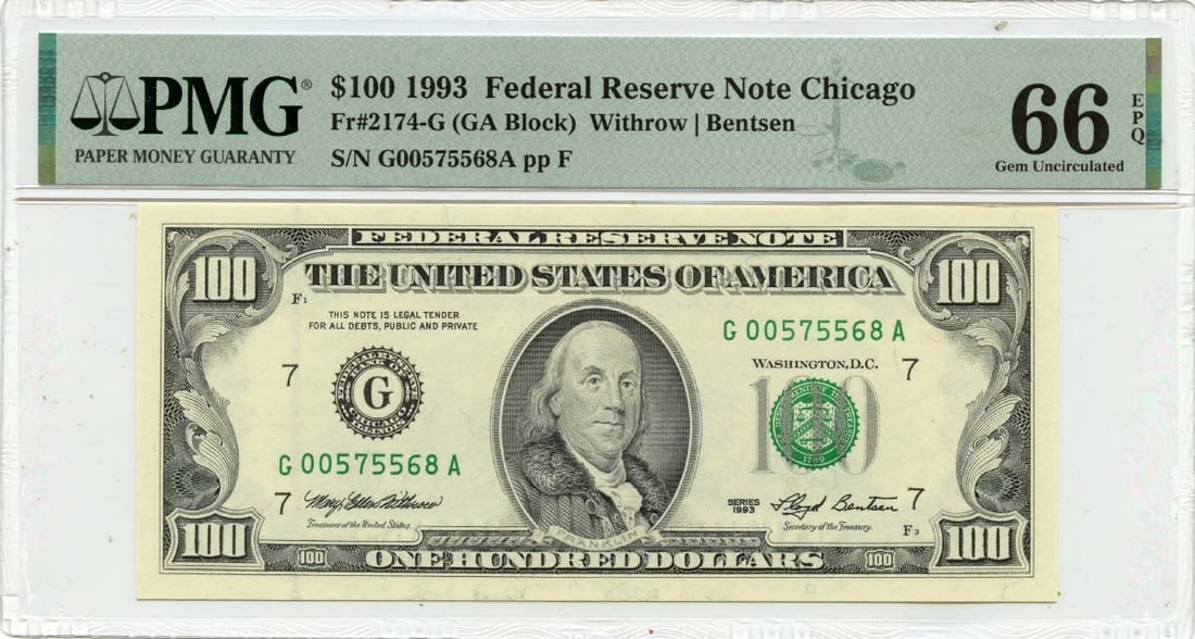 EPQ 1993 $100 Federal Reserve Note Chicago FR#2174-G PMG GEM 66: EPQ 1993 $100 Federal Reserve Note Chicago FR#2174-G PMG GEM 66 This listing features EPQ 1993 $100 Federal Reserve Note Chicago FR#2174-G PMG GEM 66. Item specifics are provided below. Item Specifics