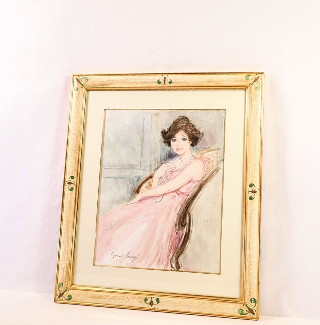 French Bernard Charoy Original Watercolor Painting "Lady in Pink Dress" Signed (1 of 10)