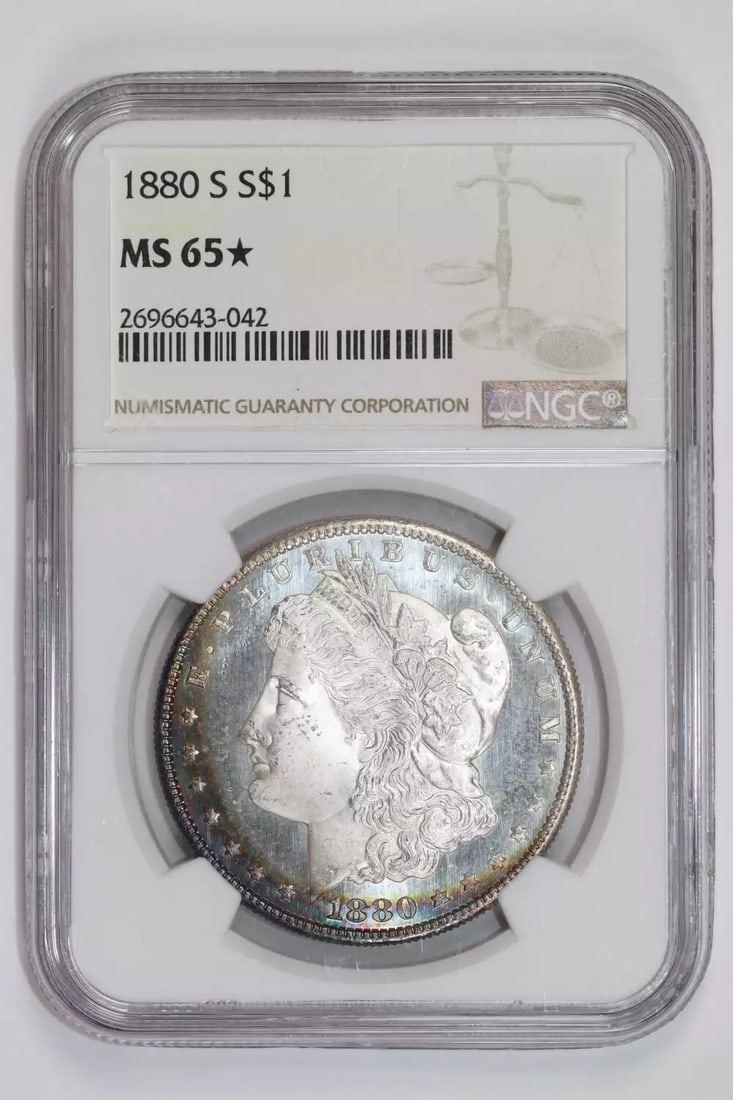 TONING 1880-S MORGAN DOLLAR NGC MS65* STAR RAINBOW CRESCENT: TONING 1880-S MORGAN DOLLAR NGC MS65* STAR RAINBOW CRESCENT This listing features TONING 1880-S MORGAN DOLLAR NGC MS65* STAR RAINBOW CRESCENT. Item specifics are provided below. Item Specifics: Countr