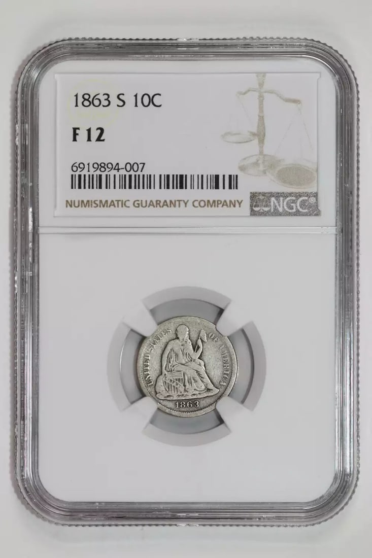 F12 1863-S SEATED LIBERTY DIME NGC: F12 1863-S SEATED LIBERTY DIME NGC This listing features F12 1863-S SEATED LIBERTY DIME NGC. Item specifics are provided below. Item Specifics: Country Of Origin: USA Certification: NGC Composition: S