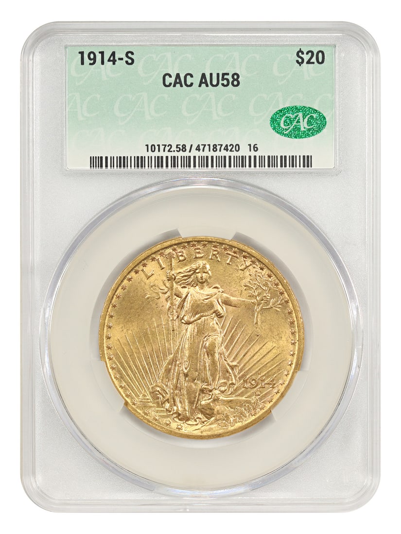 St. Gaudens $20 - 1914-S $20 CACG AU58: St. Gaudens $20 - 1914-S $20 CACG AU58 This listing features St. Gaudens $20 - 1914-S $20 CACG AU58. Item specifics are provided below. Item Specifics: Certification: CACG Certification Number: 047187
