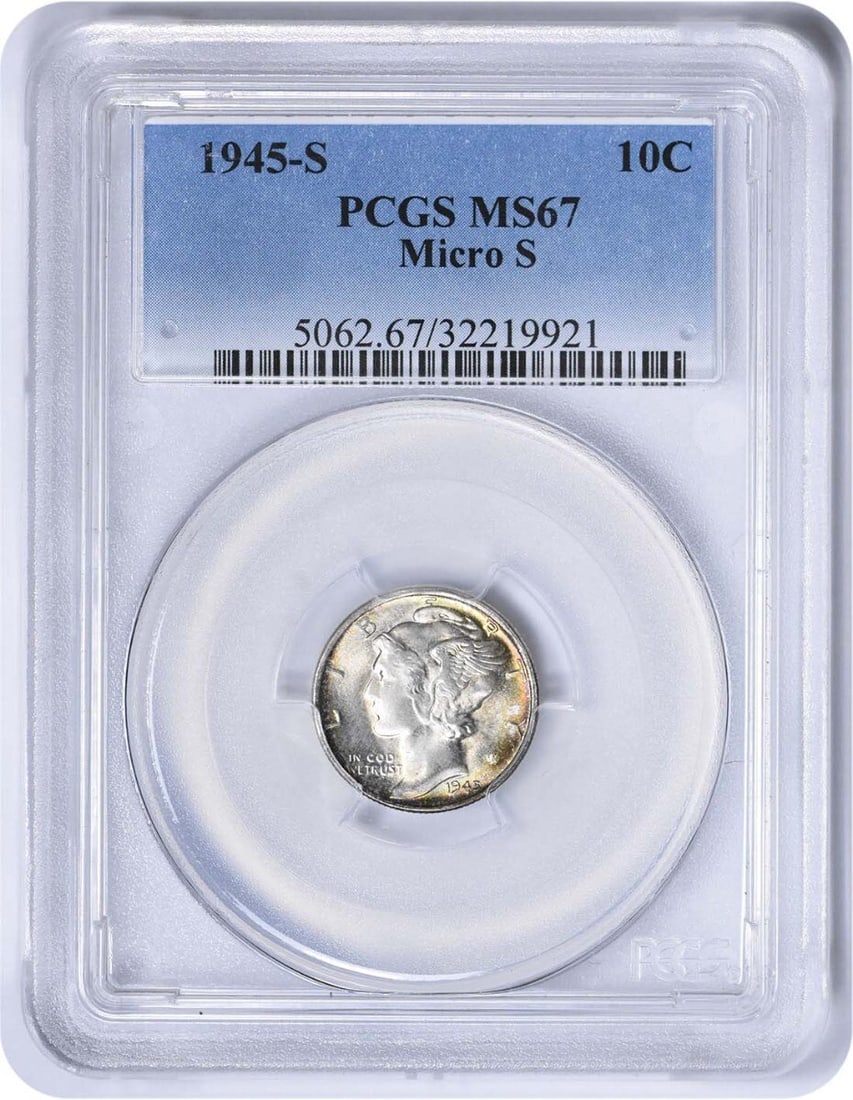 PCGS 1945-S Mercury Silver Dime Micro S MS67: PCGS 1945-S Mercury Silver Dime Micro S MS67 This listing features PCGS 1945-S Mercury Silver Dime Micro S MS67. Item specifics are provided below. Item Specifics: Country Of Origin: United States Cer