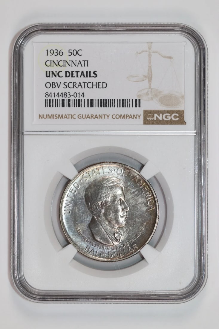 DETAILS 1936 CINCINNATI COMMEMORATIVE HALF DOLLAR NGC UNC: DETAILS 1936 CINCINNATI COMMEMORATIVE HALF DOLLAR NGC UNC This listing features DETAILS 1936 CINCINNATI COMMEMORATIVE HALF DOLLAR NGC UNC. Item specifics are provided below. Item Specifics: Certificat