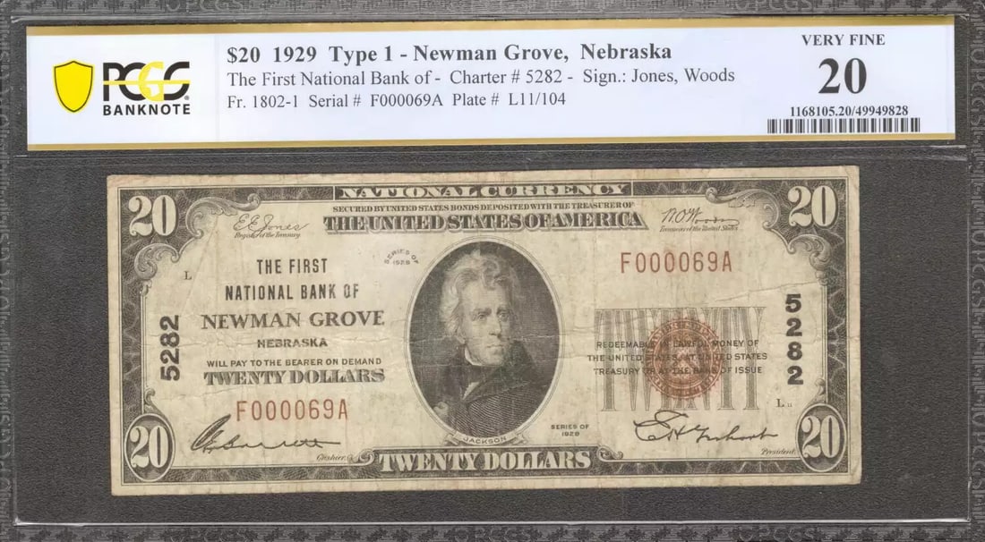 (069A 1929 $20 FIRST NATIONAL BANKNOTE CURRENCY NEWMAN GROVE NEBRASKA PCGS 20 VF (1 of 2)