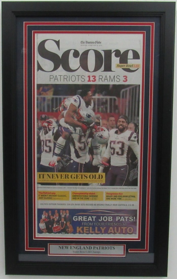 157915 Patriots 2019 Super Bowl LIII Champs The Boston Globe Newspaper Framed (1 of 2)