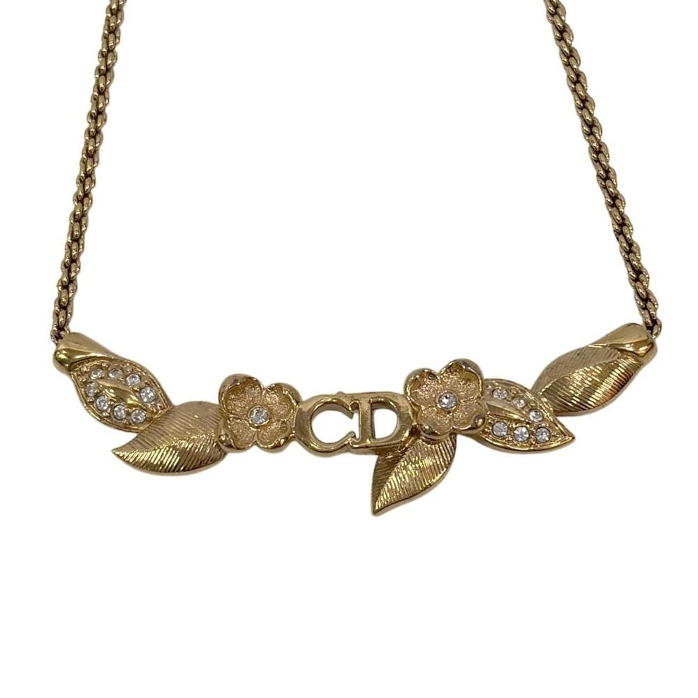 Necklace Christian Dior Used Flower Motif Logo Rhinestone Gold Tone (1 of 16)