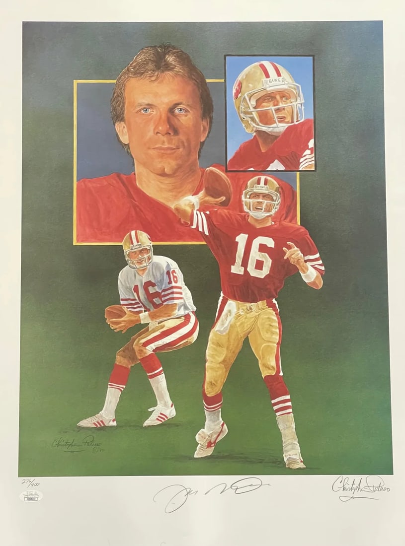 (JSA) Joe Montana & Christopher Paluso Signed18x24 Lithograph 276/ 400: (JSA) Joe Montana & Christopher Paluso Signed18x24 Lithograph 276/ 400 This listing features (JSA) Joe Montana & Christopher Paluso Signed18x24 Lithograph 276/ 400. Item specifics are provided below.