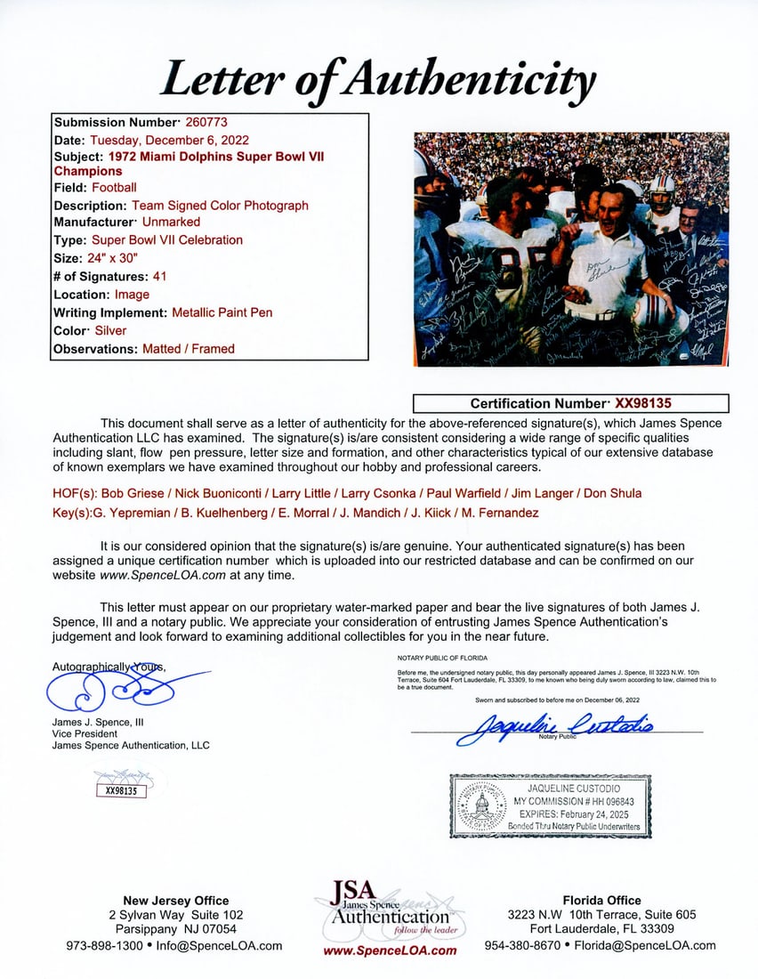 (JSA) 1972 Dolphins Autographed Framed Canvas - 2