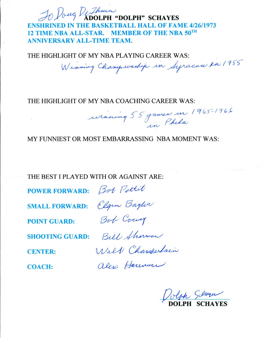 (JSA) Dolph Schayes Autographed Hand Filled Out Survey Page: (JSA) Dolph Schayes Autographed Hand Filled Out Survey Page This listing features (JSA) Dolph Schayes Autographed Hand Filled Out Survey Page. Item specifics are provided below. Item Specifics: Brand: