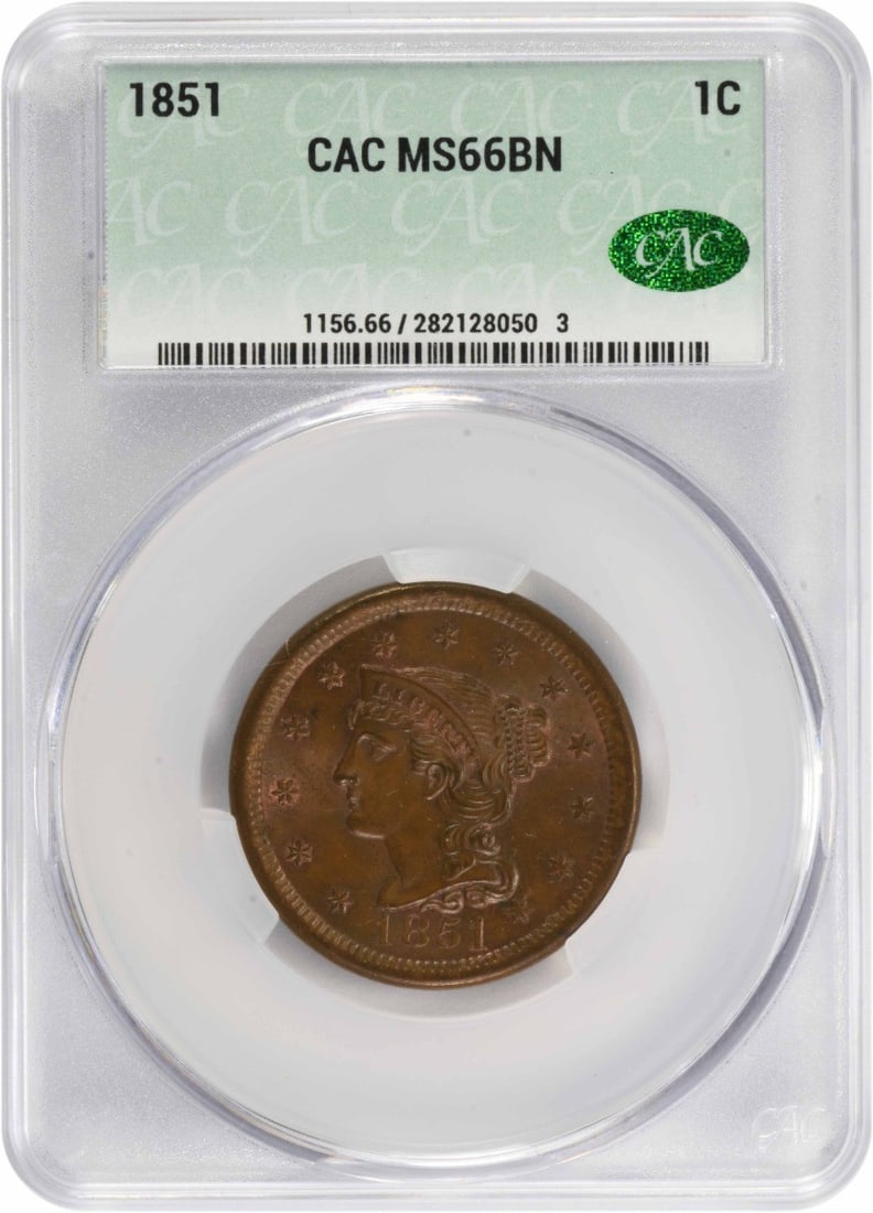 CACG 1851 Large Cent MS66BN: CACG 1851 Large Cent MS66BN This listing features CACG 1851 Large Cent MS66BN. Item specifics are provided below. Item Specifics: Country Of Origin: United States Certification: CACG
