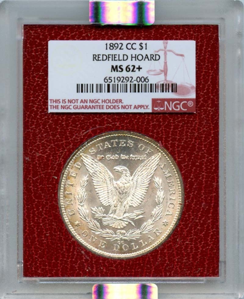 MS62+ 1892-CC $1 Morgan Dollar Redfield Hoard NGC: MS62+ 1892-CC $1 Morgan Dollar Redfield Hoard NGC This listing features MS62+ 1892-CC $1 Morgan Dollar Redfield Hoard NGC. Item specifics are provided below. Item Specifics: Certification: NGC Certifi