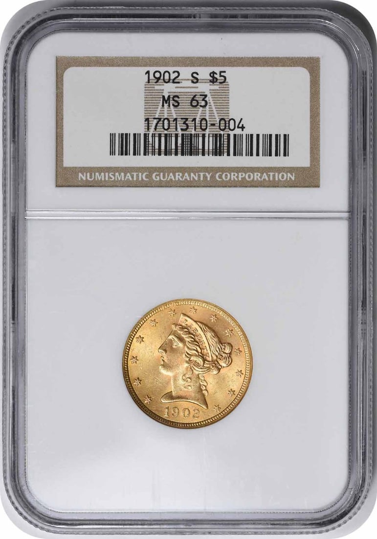 NGC 1902-S $5 Gold Liberty Head MS63: NGC 1902-S $5 Gold Liberty Head MS63 This listing features NGC 1902-S $5 Gold Liberty Head MS63. Item specifics are provided below. Item Specifics: Country Of Origin: United States Certification: NGC