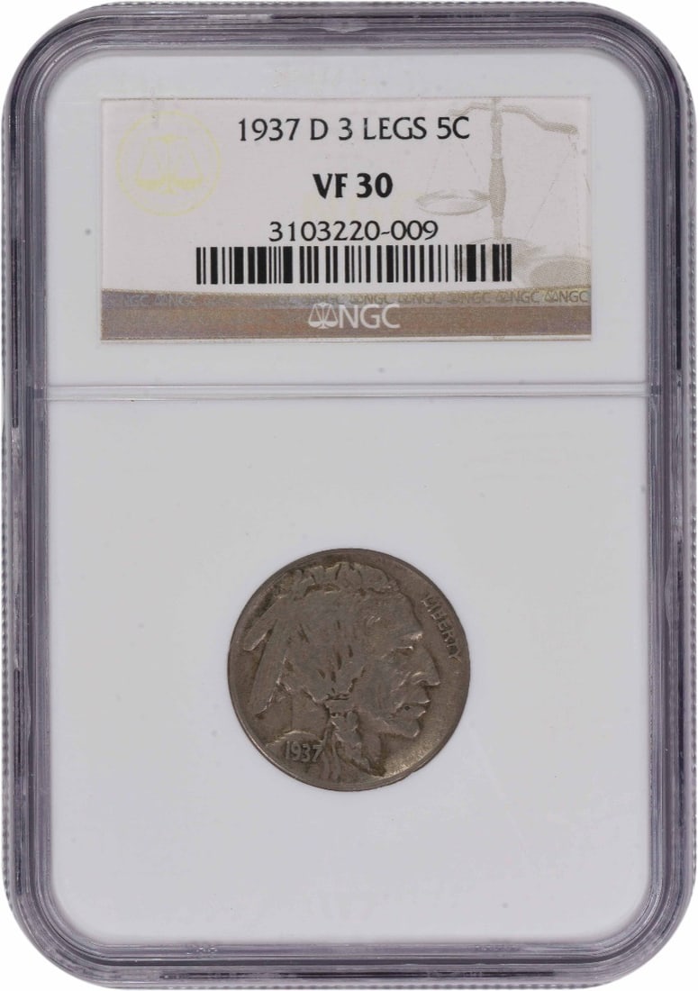 NGC 1937-D Buffalo Nickel 3 Legs VF30: NGC 1937-D Buffalo Nickel 3 Legs VF30 This listing features NGC 1937-D Buffalo Nickel 3 Legs VF30. Item specifics are provided below. Item Specifics: Certification: NGC Circulated/Uncirculated: Circul