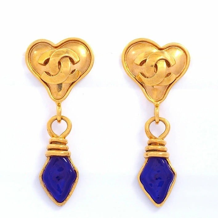 inches CHANEL 95P Coco Mark CC Blue Gripoix Dangle Earring Gold Plated 2.68 (1 of 7)