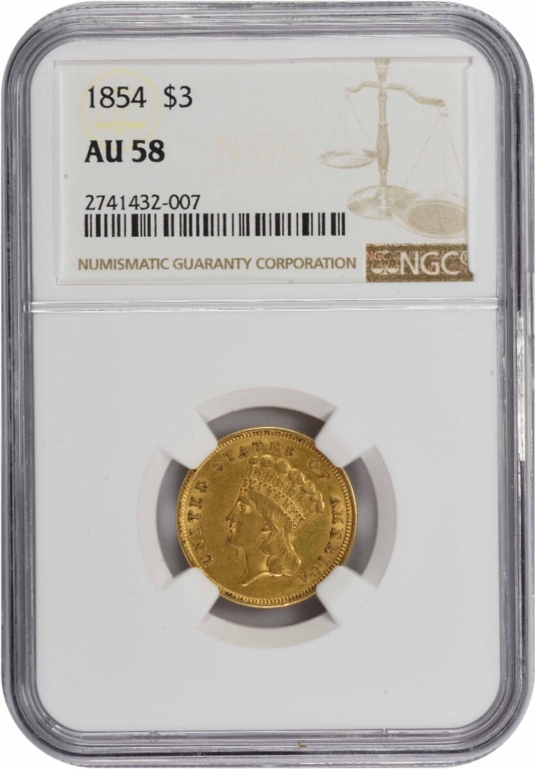 NGC 1854 $3 Gold AU58: NGC 1854 $3 Gold AU58 This listing features NGC 1854 $3 Gold AU58. Item specifics are provided below. Item Specifics: Country Of Origin: United States Certification: NGC Circulated/Uncirculated: Circu