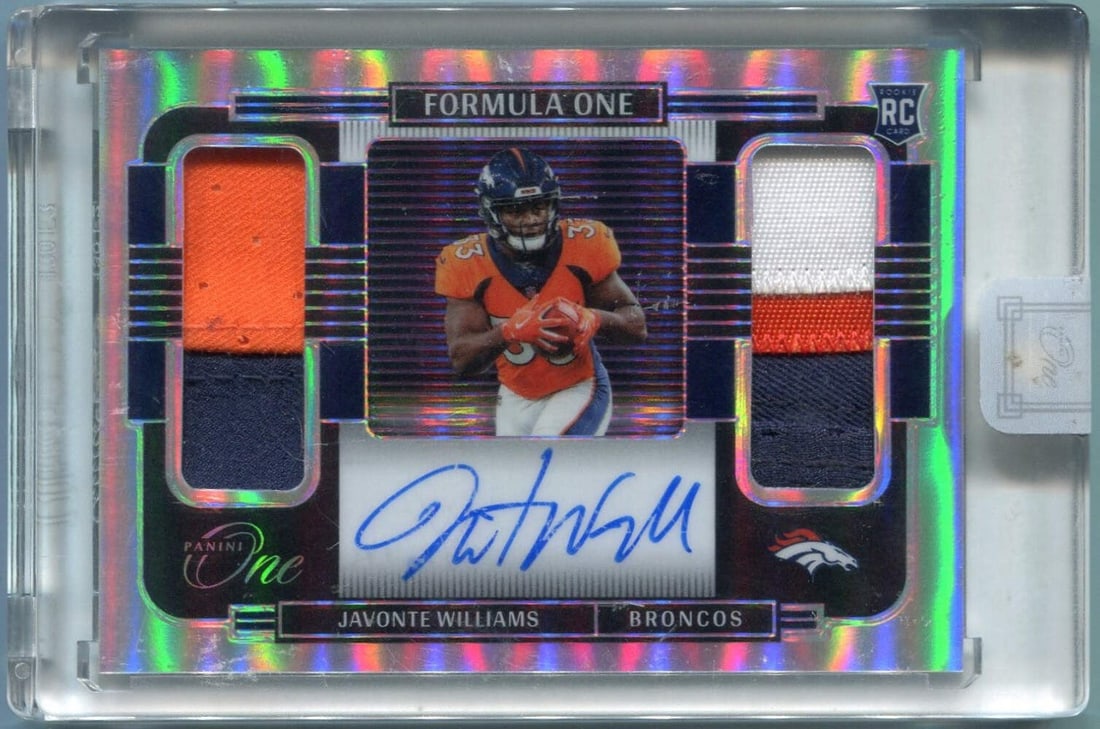 #38 Javonte Williams 2021 Panini One Formula One Dual Patch/ Autographed Prizm RC (1 of 2)