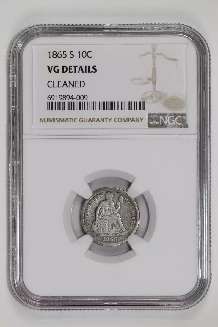 DETAILS 1865-S SEATED LIBERTY DIME NGC VG (1 of 2)