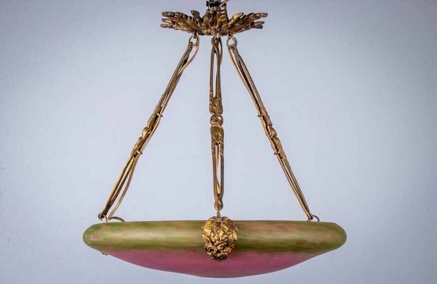 Excellent Schneider Signed Chandelier Gilt Bronze Art Glass French Art Deco: Excellent Schneider Signed Chandelier Gilt Bronze Art Glass French Art Deco This listing features Excellent Schneider Signed Chandelier Gilt Bronze Art Glass French Art Deco. Item specifics are