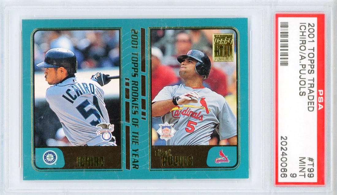 9) Ichiro & Albert Pujols 2001 Topps Traded Rookie Card #T99 (PSA Mint (1 of 2)